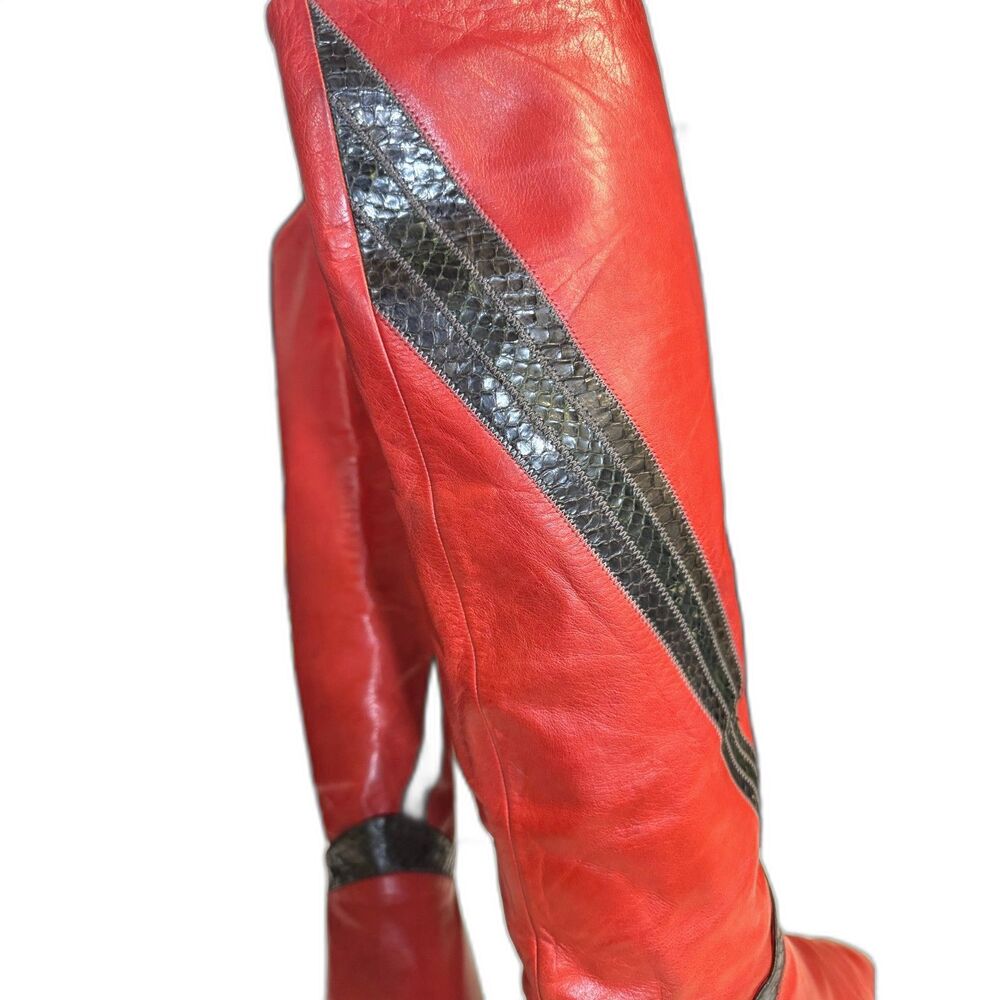 Vintage Pollini Red Leather Python Trim Knee High Boots Made Italy EU 37 6 1/2-7 - Picture 8 of 12